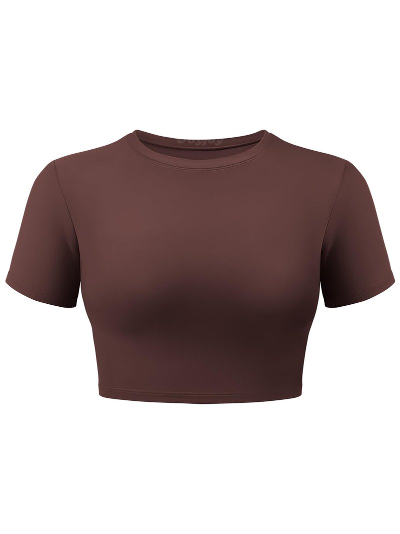 VOYJOY Womens Double Lined Fitted Short Sleeve Crop Tops Crew Neck Casual Workout T Shirts Cute Basic Tee Coffee L