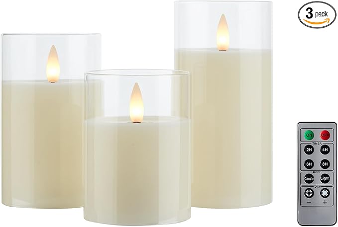 Glass Flameless Pillar Candles Flickering with Remote Timer, Battery Operated LED 3D Moving Flame Real Wax Candles,Remote Included (Ivorywhite)