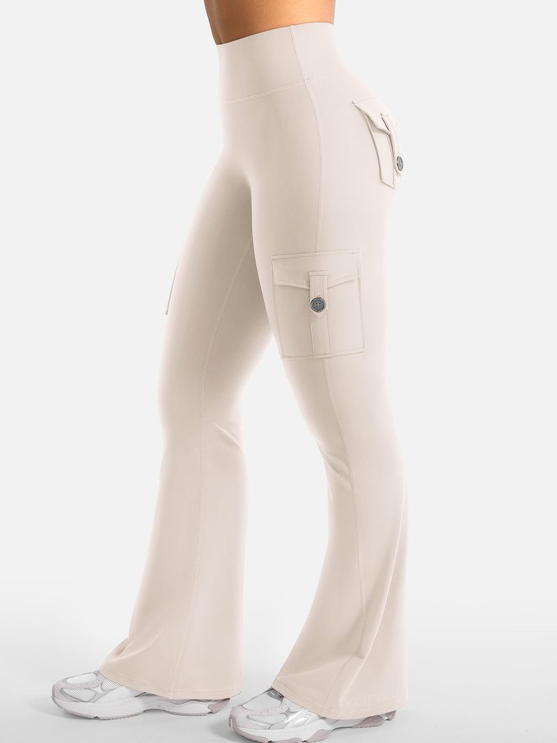 YEOREO CoreFlex Women Workout Flare Leggings with Pockets Hidden Scrunch High Waisted Cargo Gym Yoga Leggings Light Khaki XXL