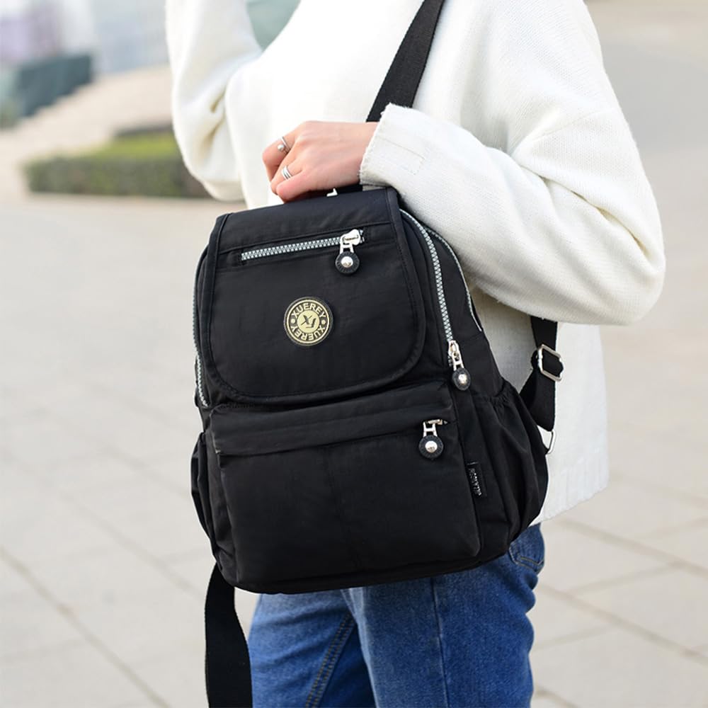 XUEREY Women's Small Handbag Nylon Shoulder Bag Casual Day Pack Multi-Pocket Casual Waterproof Nylon Bags Travel School Bag Laptop Backpack (Black)