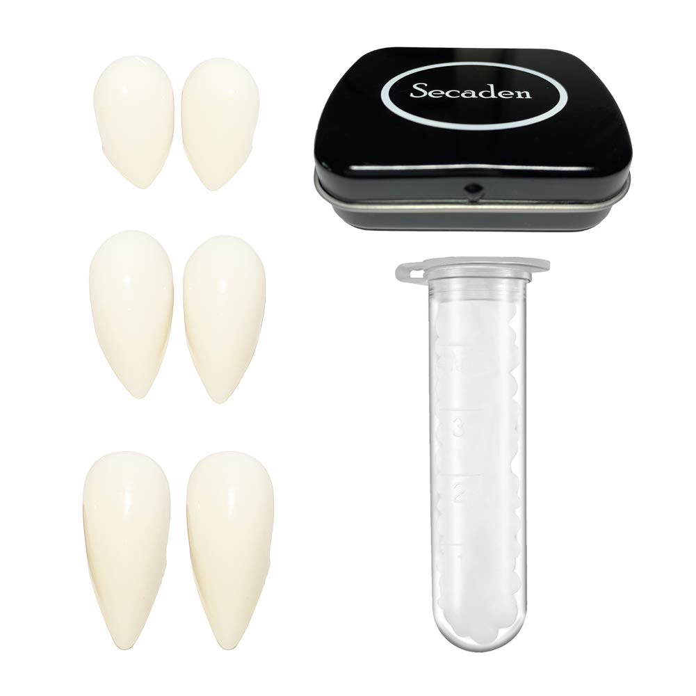 Secaden Cosplay 3 Pairs Vampire Teeth with Adhesive Dentures Halloween Party Props Fangs (13mm, 15mm, 17mm)