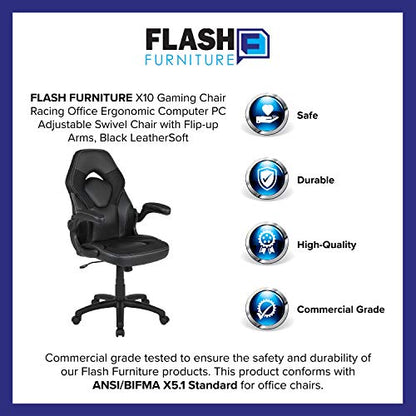 Flash Furniture X10 High-Back LeatherSoft Racing Style Gaming Chair with Flip-Up Arms, Ergonomic Padded Swivel Computer Chair, Black