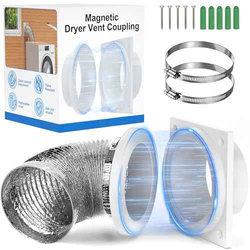 Magnetic Dryer Vent Coupling, Airtight Seal Strong Magnet Dryer Vent Connector Kit Quick Connect Disconnect Easy to Clean Flexible Hose Exhaust Duct Adapter Attachment with Clamps Screws
