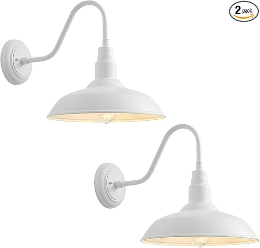 2 Pack 14in Barn Gooseneck Lights for House, White Outdoor Farmhouse Wall Light Fixture for Porch, Exterior Patio Wall Sconce for Front Door, Garage