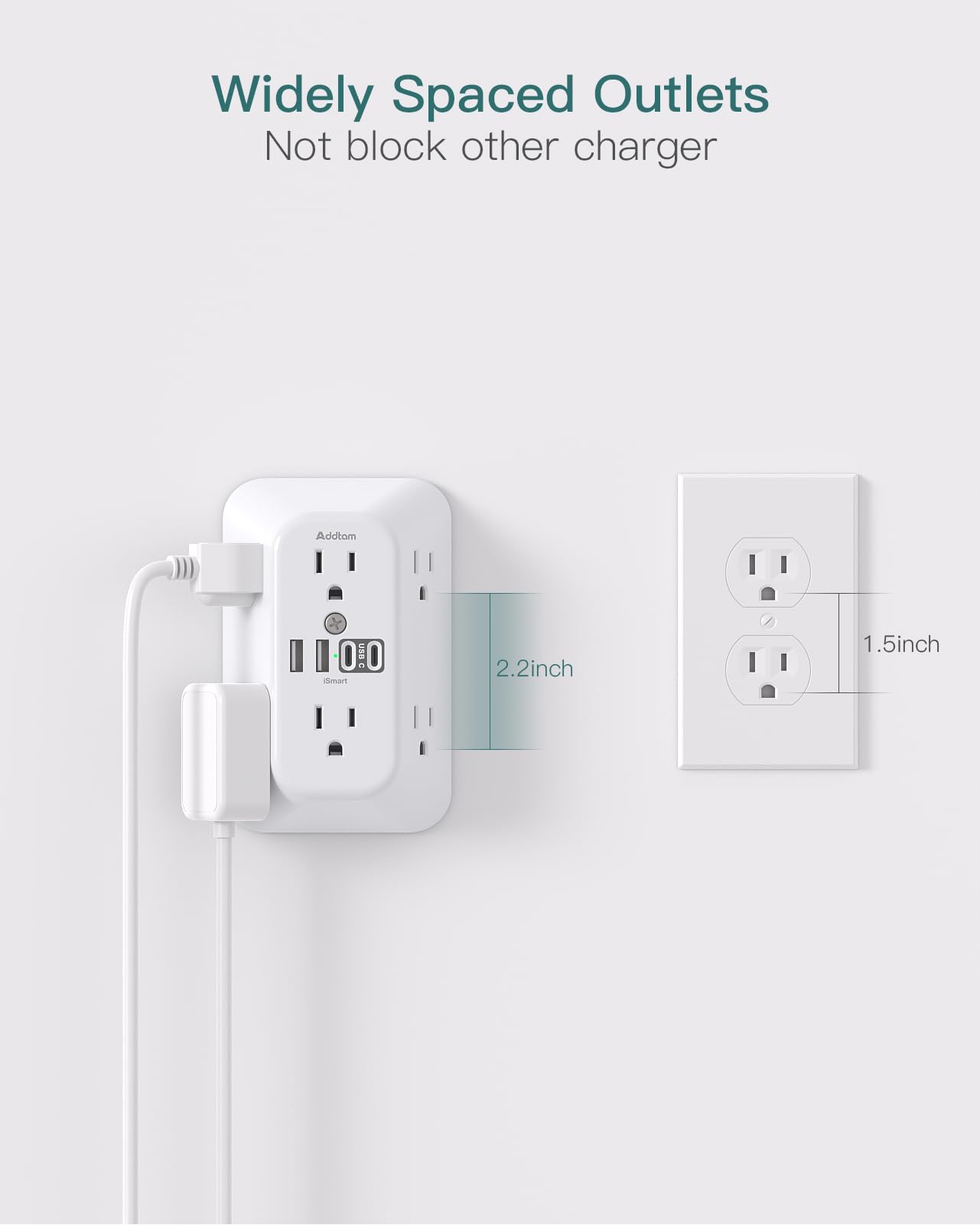 Addtam Surge Protector Outlet Extender, 6-Outlet Splitter with 4 USB Wall Charger(2 USB-C Ports), Multi Plug Wall Outlet 1800J Power Strip for Home Office Dorm Room Essentials