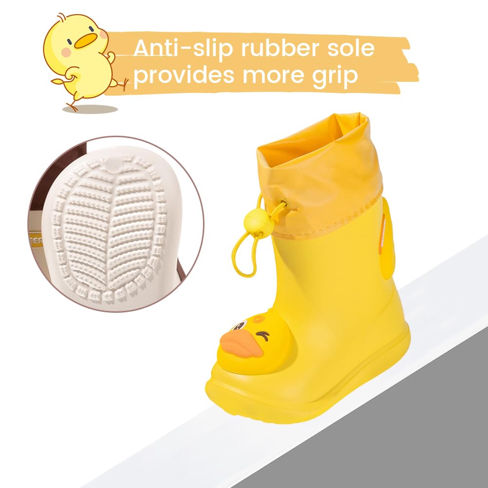 DRECAGE Boys Rain Boots with Pull On Drawstring Closure for Kids Waterproof Non-Slip Wellies Rubber Rain Shoes Outdoors Yellow Duck 5 UK Child 140 MM