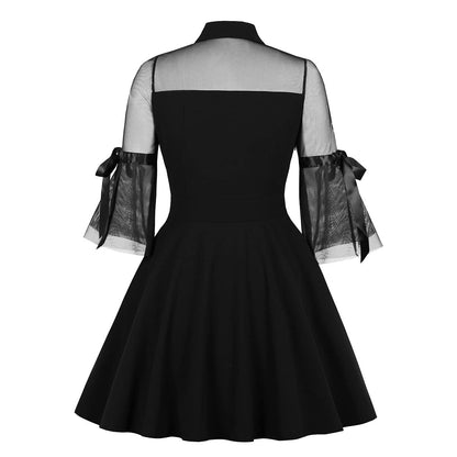 Women Peter Pan Collar Bell Sleeve Vintage 1950s Cocktail Swing Dress Keyhole Mesh Sheer Gothic Mini Dress Panel Vintage Flared A-line Prom Dress Wedding Evening Party Goth Dress Black-Bell Sleeve L