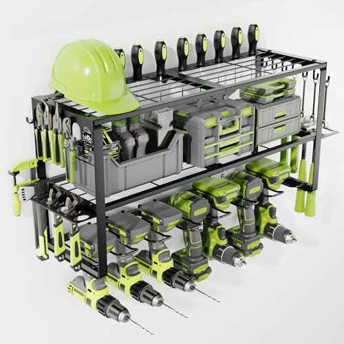 Power Tool Organizer Wall Mount, 3 Layer Heavy Duty Tool Storage Rack with 7 Cordless Drill Holders, 150Lbs Load Utility Racks for Garage, Workshop, Shed, Basement, Ideal Organizer for Men, Husband