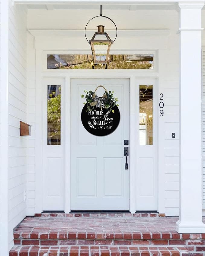 Angels Appear Front Door Sign Funny Wreaths Hanging Wooden Plaque Decoration Round Rustic Wood Farmhouse Porch Decor for Home Front Door Decor, 12 x 12 Inch