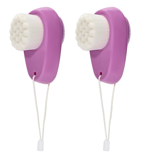 2 Pack Facial Cleansing Brush 2 in 1 for Face Exfoliation, Soft Bamboo Charcoal Microfiber Bristle Dual Face Silicone Scrubber Brush for Pore Deep Cleansing Skincare with Lid, Black+Gradient