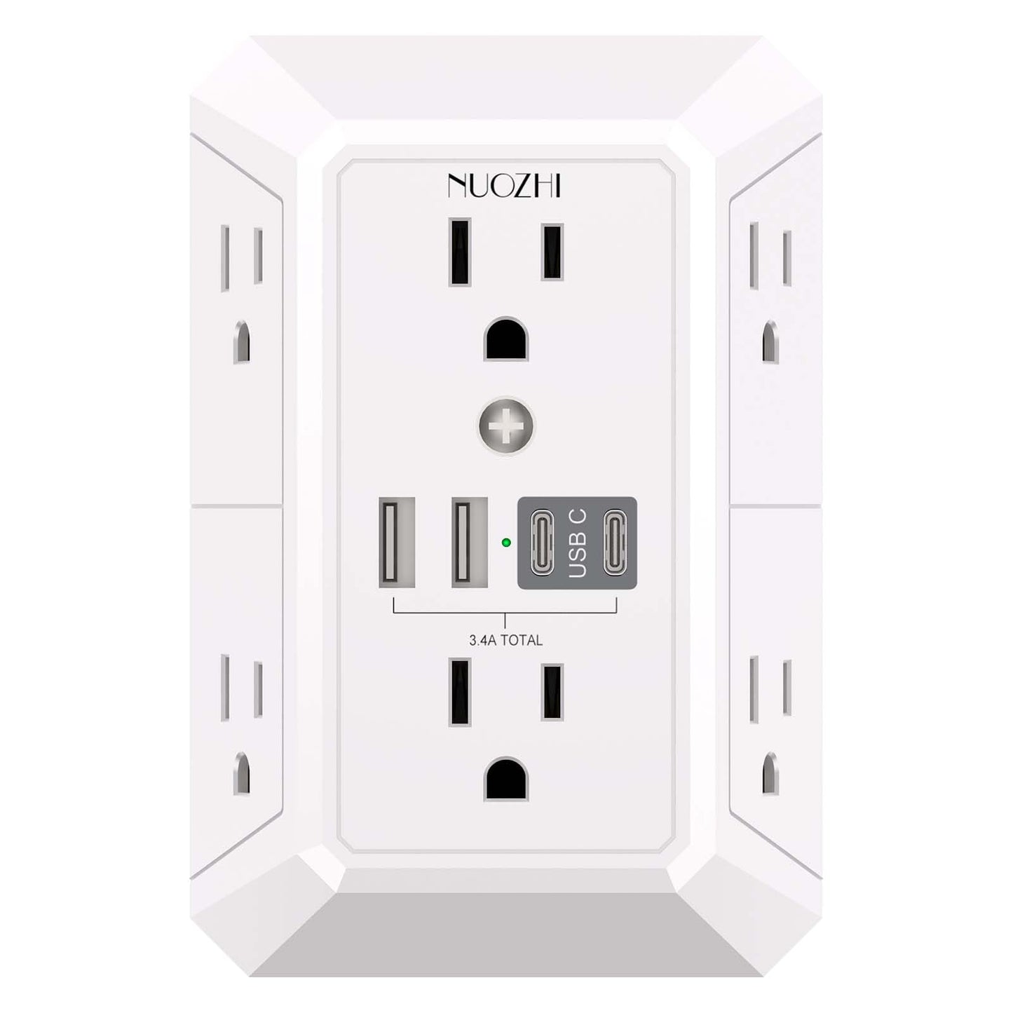 Outlet Extender Surge Protector - NUOZHI 6 Outlet Splitter with 4 USB Ports(2 USB-C), Multi Plug Wall Outlet 1680J Power Strip for Home Office Dorm Room Essentials, ETL, White