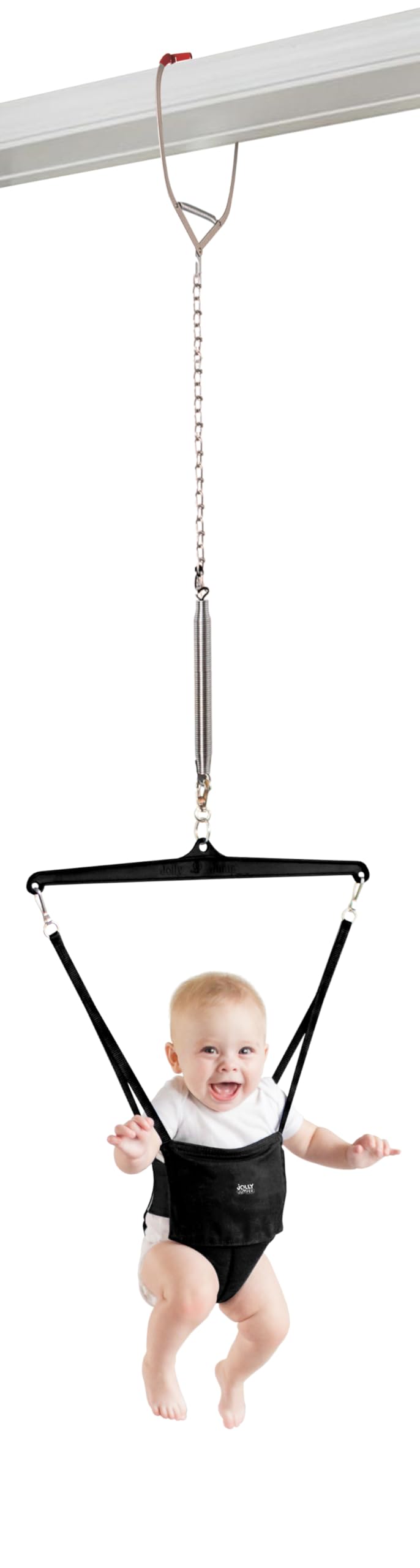 Jolly Jumper Iconic (Black), Doorway Baby Jumper, Indoor Exercise Saddle Seat, Adjustable Height, for Infants up to 28lbs, No Stand Required