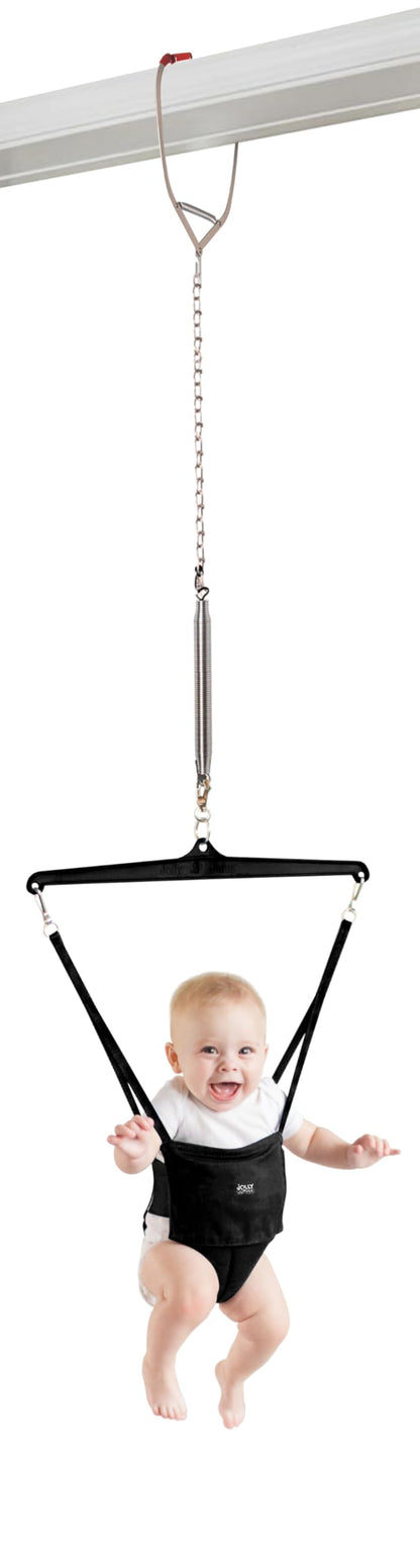 Jolly Jumper Iconic (Black), Doorway Baby Jumper, Indoor Exercise Saddle Seat, Adjustable Height, for Infants up to 28lbs, No Stand Required