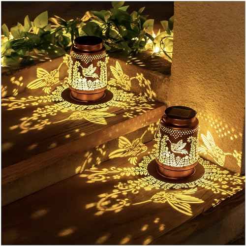 2 Pack Hummingbird Solar Lanterns Outdoor Waterproof Hanging Solar Lights Hummingbird Gifts for Women Men Metal Decorative LED Lights for Garden Decor,Yard,Patio,Lawn,Tabletop,Pathway,Landscape