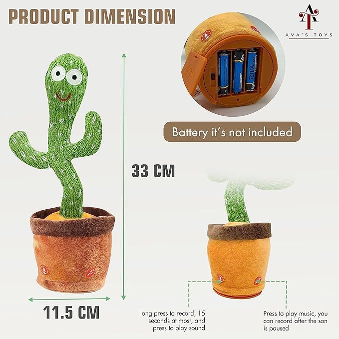 Ava's Toys Talking Cactus Toy with Voice Recording, Repeating, Nursery Songs- Dancing Cactus Sensory Toys for 1 Year Old – Soft Plush Toddler Toy for Boys and Girls – Fun and Interactive Features