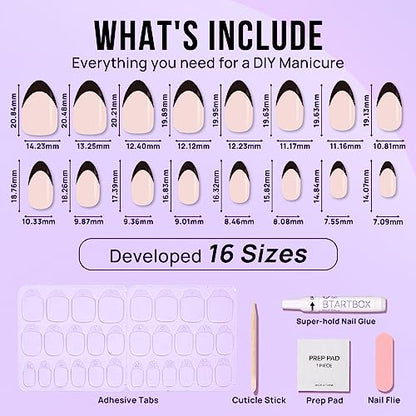 BTArtbox French Tip Press On Nails Almond - Black Press on Nails Short, Glue On Nails for Women Gift, Supremely Fit Natural Reusable Stick On Nails in 16 Sizes - 32 Fake Nails Kit, Black French