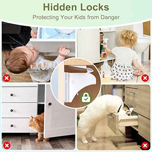 Magnetic Cabinet Locks 20 Pack+4 Keys, AOSITE Baby Proofing Drawer Lock Child Safety Locks for Kitchen with Adhesive No Drilling or Screws Fixed, 4 Baby Safety Cabinet Locks for Knobs