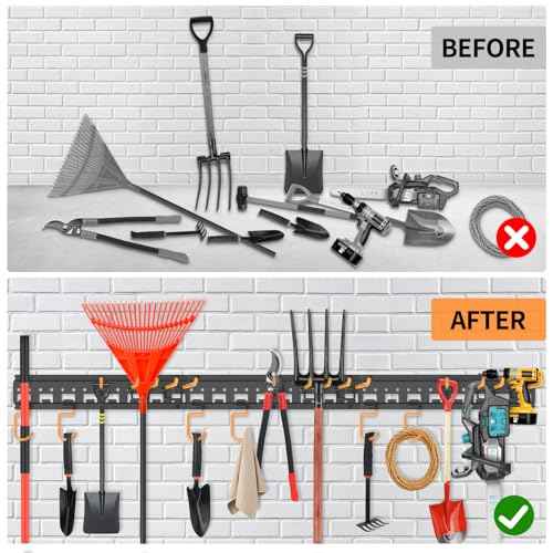 Garden Tool Organizer Wall Mount - Garage Storage and Organization Yard Tool Hanger with Adjustable Pegboard Hooks Shed Rack for Broom Mop Shovel Rake Trimmers, 64 inch Max 750lbs, Black