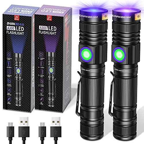 DARKBEAM UV Flashlight 365nm & 395nm Blacklight Rechargeable USB, Wood¡¯s Lamp Ultraviolet Black Light LED Portable - Detector for Pet Cat Urine, Stains, Resin Curing, Uranium Glass, 2 Pack