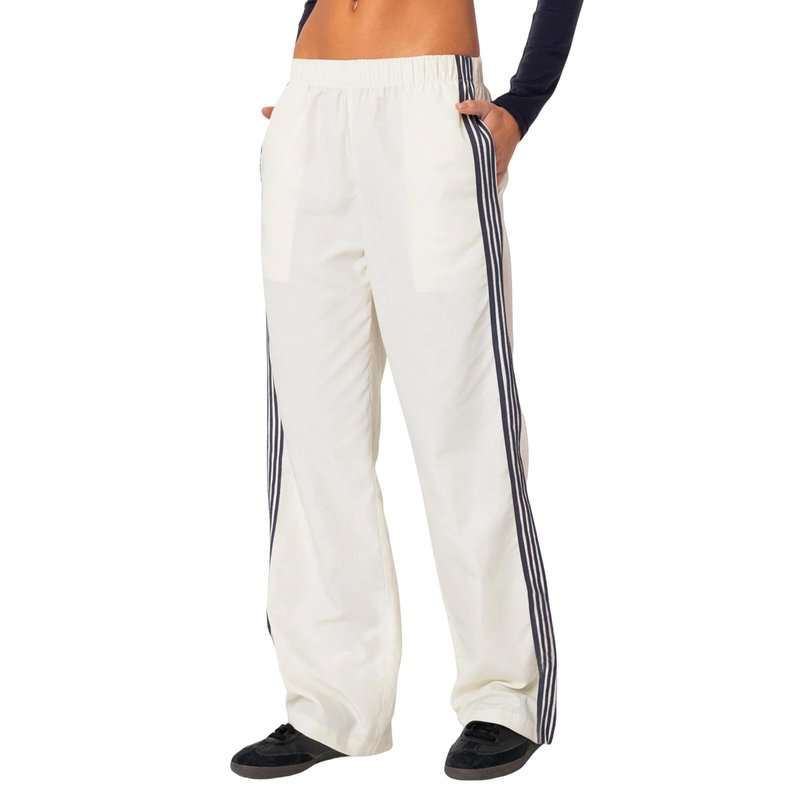 Striped Track Pants for Women Y2K Elastic Waist Wide Leg Sweatpants Teens Vintage Preppy Cute Parachute Pants Streetwear(Beige,M)