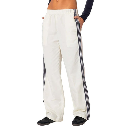 Striped Track Pants for Women Y2K Elastic Waist Wide Leg Sweatpants Teens Vintage Preppy Cute Parachute Pants Streetwear(Beige,M)