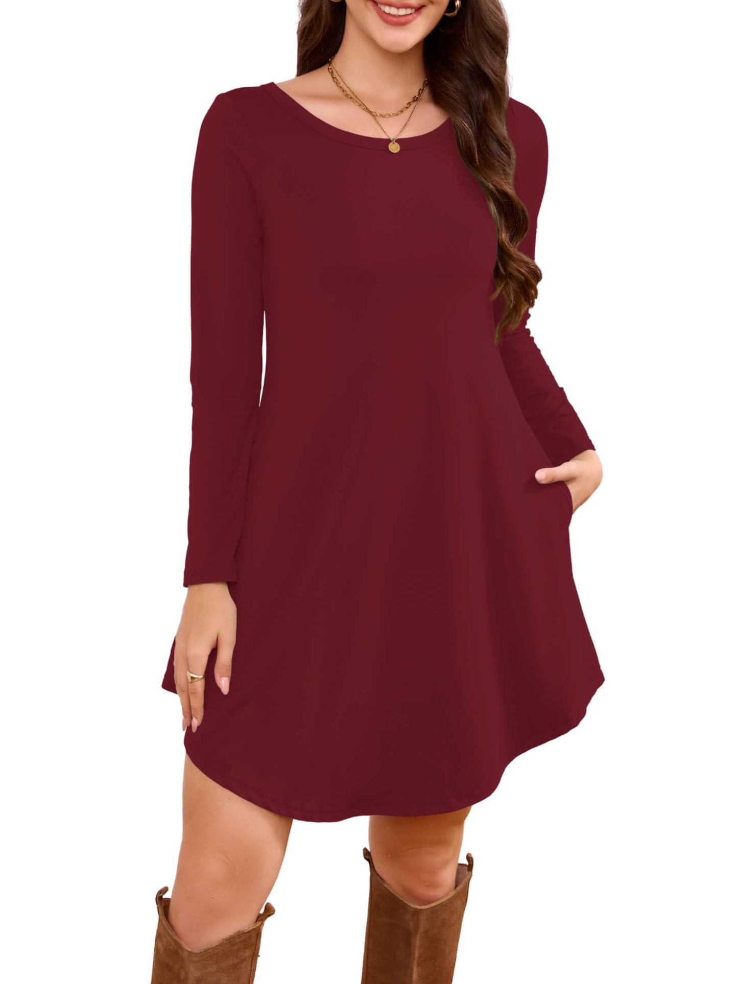 DEARCASE Women's Long Sleeve T Shirt Dress Wine Red Medium Crewneck Knee Length Loose Casual Flowy Swing Burgundy Tunic Dresses with Pockets