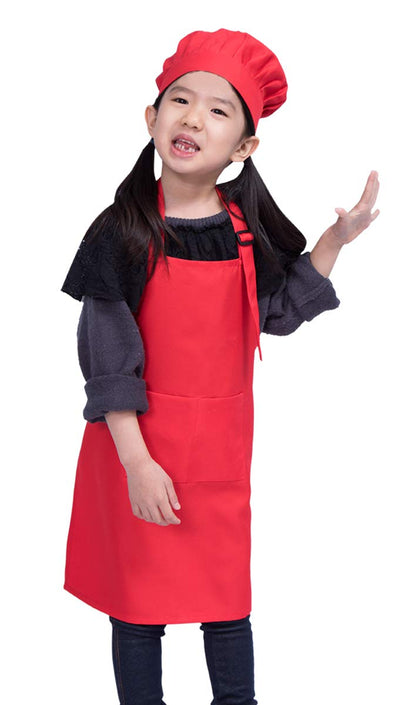 ALIPOBO Kids Apron and Chef Hat Set, Children's Adjustable Bib Apron with 2 Pockets. Cute Boys Girls Kitchen Apron for Cooking, Baking, Painting, Training Wear (2-5 Year, Red)
