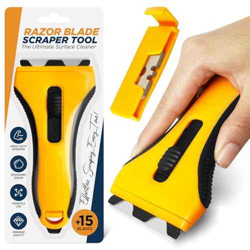 Razor Blade Scraper Tool With 15 Extra Blades - Razor Scraper Tool for Glass, Stove Top Scraper, Scraper Tool for Kitchen, Paint, Glass, Window, Cleaning