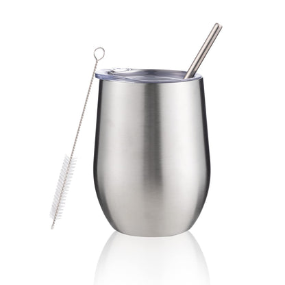 FristChoice 12 oz Insulated Wine Tumbler with Lid and Straw,Stainless Steel Stemless Wine Tumbler Glasses Double Wall Vacuum Wine Cups Tumbler for Coffee,Champaign,Cocktail,Office（Silver,1）