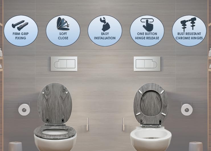 AQUALONA® Luxury Grey Oak Effect Toilet Seat - Soft Close MDF Moulded Wood Seat with Quick Release Button and Durable Hinges - Comfortable, Easy to Clean and Install with Universal Fittings