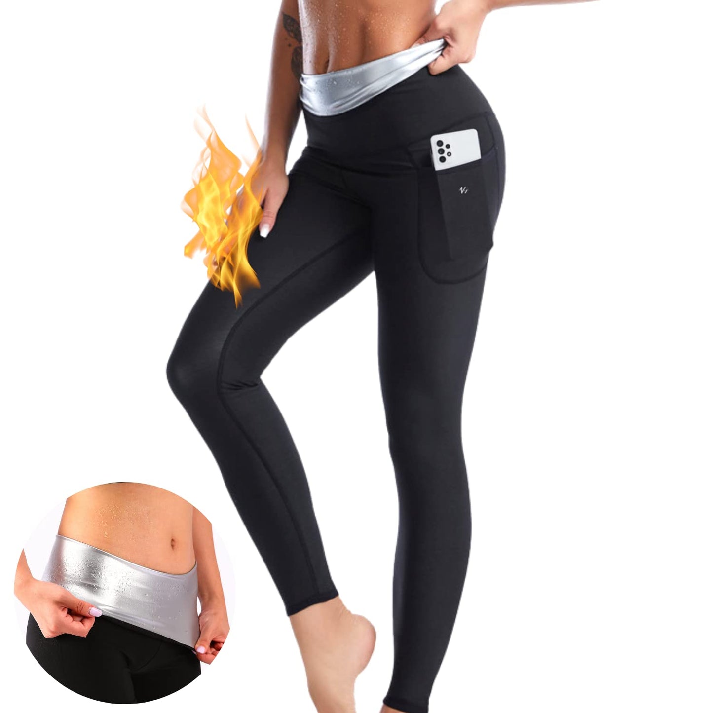 Nano Hertz Sauna Sweat Suit Shapewear Pants Leggings Pockets Waist Trainer Body Shaper Sweatsuit Fitness Gym Women Girls