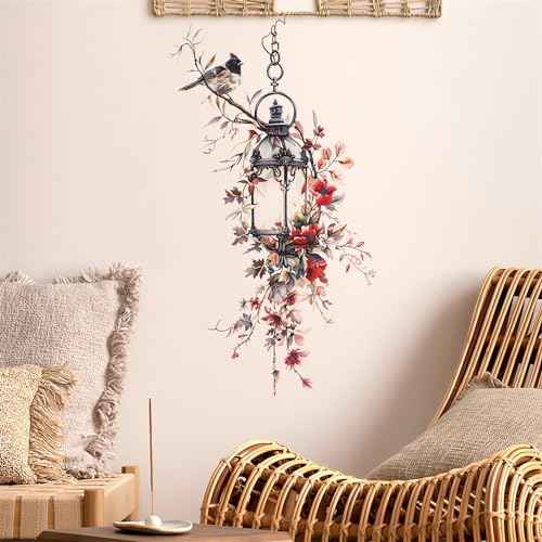 Vintage Street Lamp Red Flower Wall Stickers, sacinora Rose Peony Floral Art Wall Decals Removable Vinyl Peel and Stick for Living Room Bedroom Nursery Playroom Door Home Decorations