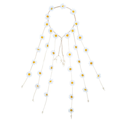 AWAYTR Flower Hippie Headband Floral Crown Behemain Sunflowers Beads Adjust Flower Headdress Hair Accessories (White)