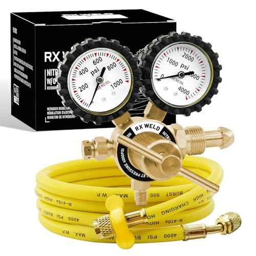 RX WELD Nitrogen Regulator with 0-1000 PSI CGA580 Inlet, Delivery Pressure Equipment Brass Inlet Outlet Connection Gauges with Refrigeration Hose