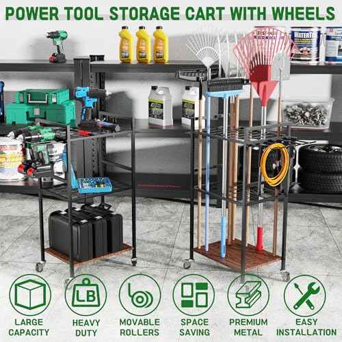 ULIBERMAGNET Power Tool Storage Organizer Cart, Metal Open Tool Rack Cart with Wheels,Heavy Duty Rolling Utility Storage Drill Rack Shelf for Garage, Shed, Yard Tool Holder, Basement,Gift Ideas