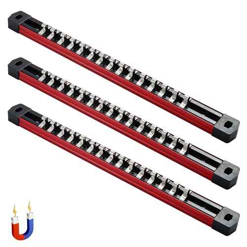 ALOANES 3-Piece Magnetic Socket Organizer, Heavy Duty Aluminum Socket Rails Organizer, Socket Rail Holder for Tool Box, 1/4-Inch Socket Holder x 45 Stainless Clips (Red)