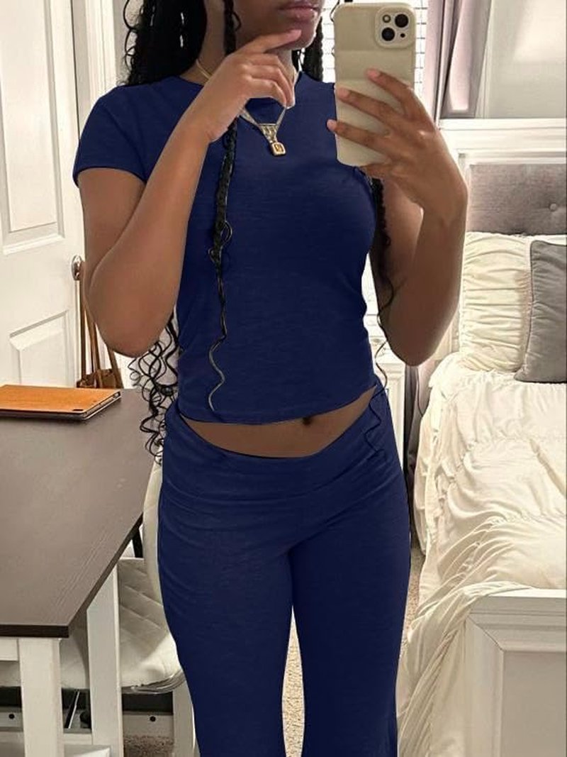 AYWA Women's Lounge Set - Short Sleeve Crop Top & Flare Pants | Casual Pajama Outfit