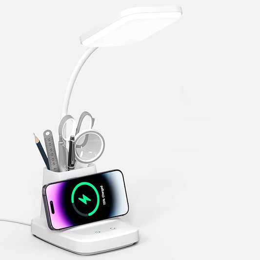 LED Desk Lamp with Wireless Charger for Home Office, Small with Pen Holder, 800LM,3 Color Modes,Gooseneck, Eye-Caring White Desk Lamps for Home College Dorm Room
