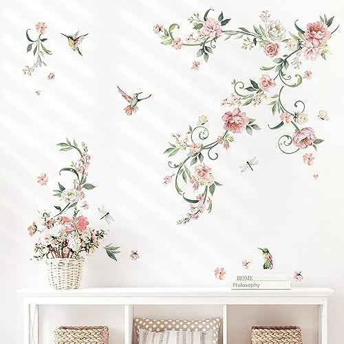 decalmile Peony Flower Wall Decals Pink Blossom Birds Wall Stickers Living Room Bedroom Girls Bedroom Wall Decor