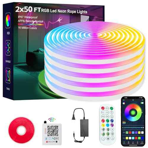 Neon Rope Lights, 100FT IC+RGB LED Strip Lights, App+Remote Control, Outdoor IP67 Waterproof, Music Sync, Color Changing, Flexible DIY Design Neon Lights for Bedroom, Gaming, Party Decor