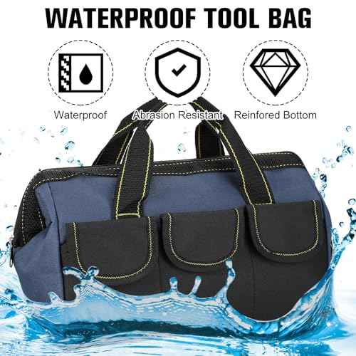 Sanwuta 3 Pack Tool Bag for Men with Waterproof Hard Bottom, Heavy Duty Tool Bag Wide Mouth Tote for Various Instrument, Electrician Carpenter Mechanic (18 Inch,Blue, Red, Yellow)