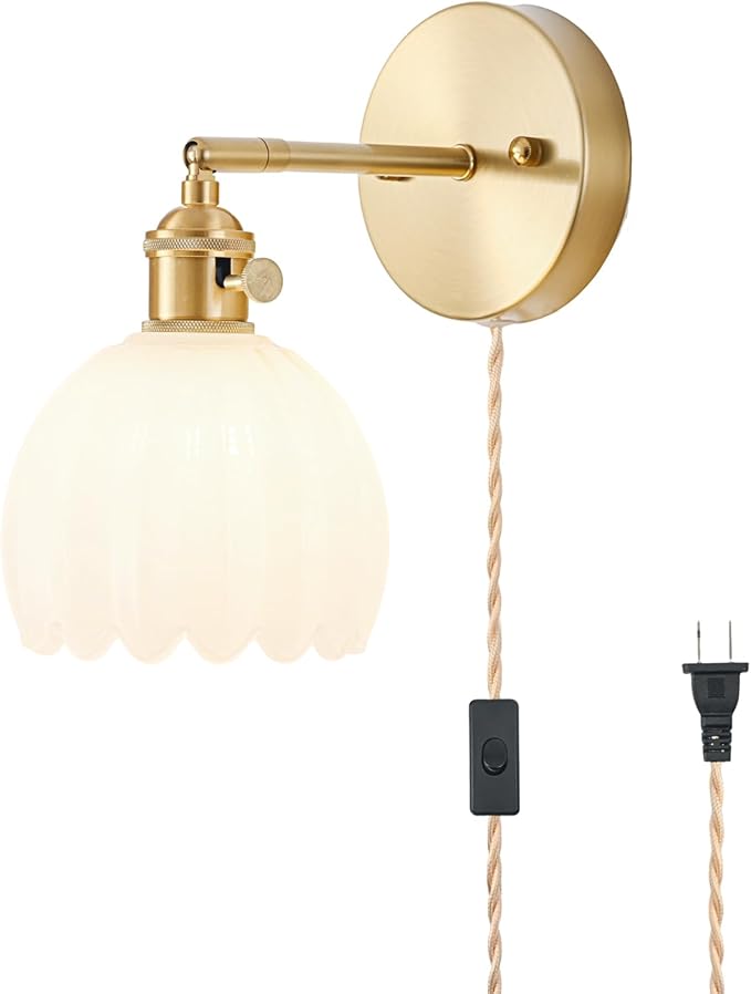Plug in Wall Sconce, Vintage Sconce Light with Tulip Milk White Glass Lampshade, 180° Adjustable Wall Sconce with Switch and Plug in Wall Lamp Cord, Gold Wall Light for Bedroom Bedside