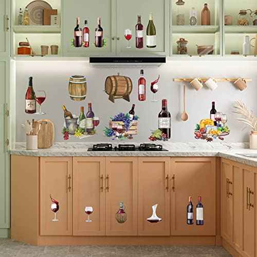 PLIGREAT 21 Pcs Vintage Wine Theme Wall Stickers Watercolor Red Wine Glass Vineyards Wall Decals for Kitchen Dining Room Living Room Farmhouse Bar DIY Home Decoration Large Size