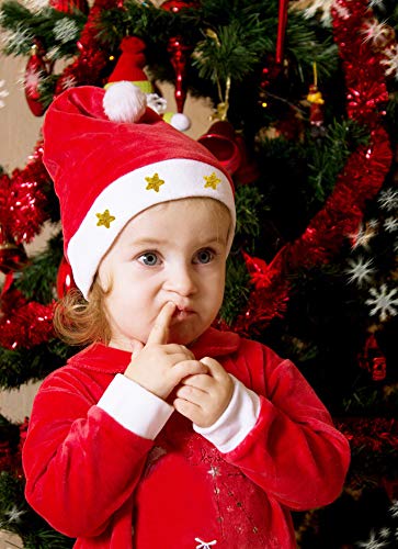 Kiddokids 12 Fancy Christmas Santa Hats with 12 Jingle Bell Necklaces Bulk for Christmas Party Favor Photo Booth; One Size Fits All.