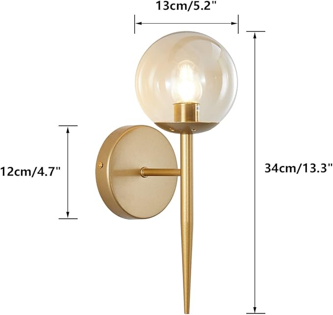 BOKT Vintage Brushed Gold Bathroom Wall Sconce Set of Two Mid Century Modern Globe Vanity Wall Sconce Lighting Set of 2 Bedroom Bar Wall Lamp Amber Glass Wall Lights (Amber)