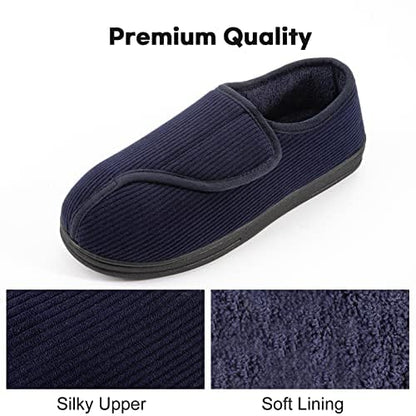 LongBay Men's Diabetic Wide Fit Memory Foam Slippers Comfy Warm Plush Fleece Arthritis Edema Swollen House Navy Blue 10UK