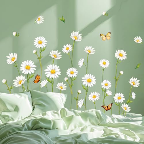 Spring Daisy Flower Wall Decal Spring White Daisy Flower Butterfly Wall Stickers Peel and Stick Room Mural Decals for Summer Party Home Nursery Bedroom Living Room Classroom Decor