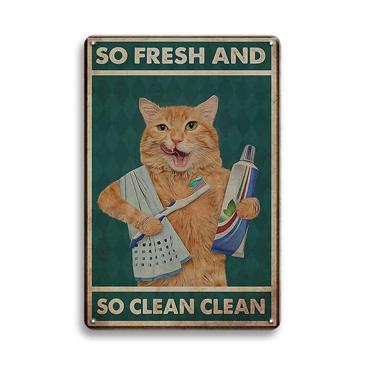 Cat Bathroom Wall Decor Cat Signs Gifts for Cat Lovers, Orange Cat Brushing Teeth And Washing Face Bathroom Decor Weird Stuff, 12x8 Inches Cat Decor Funny Bathroom Signs