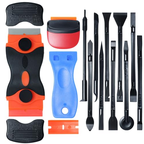 14 Pcs Plastic Blade Scraper Tool - Sticker Plastic Razor Blade Scraper Pick Non Scratch Tool Putty Knife for Removal Floor Stove Scraping Labels and Decals Sticker on Car Window Glass