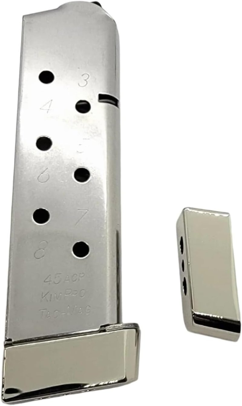Polished Chrome-Plated 1911 Magazine Base Pads - Fits All Kim Pro Tac-Mag .45 ACP 8-Round Magazines
